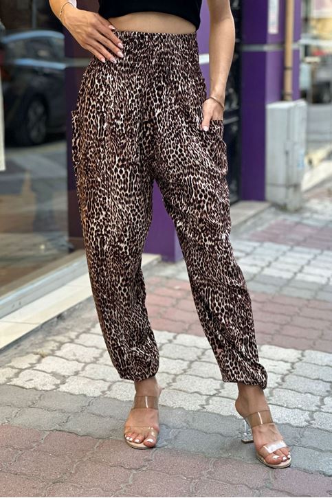Bel Kalın korse Lastikli Cepli Leopar Desen Şalvar Pantolon-Leopar
