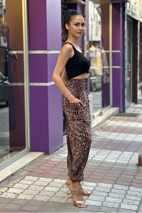 Bel Kalın korse Lastikli Cepli Leopar Desen Şalvar Pantolon-Leopar