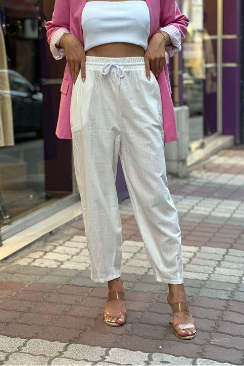 Bel Lastikli Paçası Pensli Keten Salaş Pantolon-Beyaz