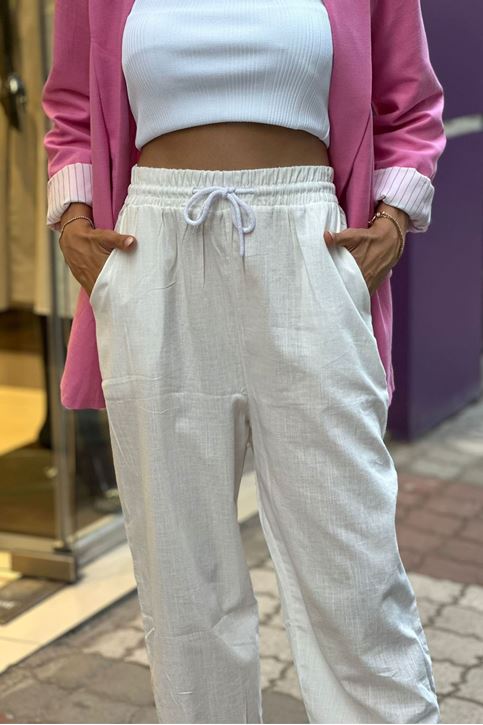 Bel Lastikli Paçası Pensli Keten Salaş Pantolon-Beyaz