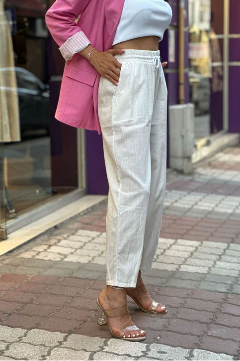 Bel Lastikli Paçası Pensli Keten Salaş Pantolon-Beyaz