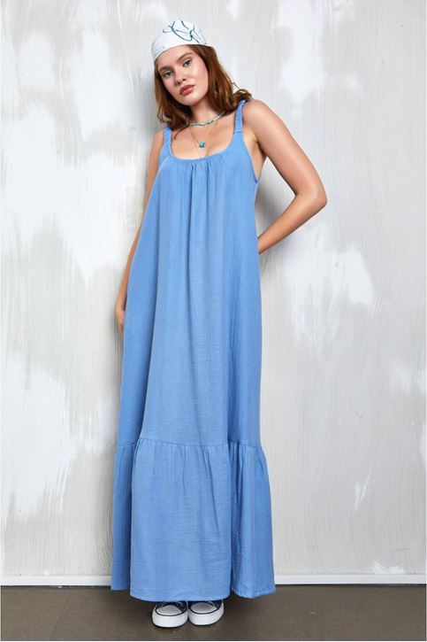 Askısı Lastikli Eteği Volanlı Midi Boy Elbise-Mavi