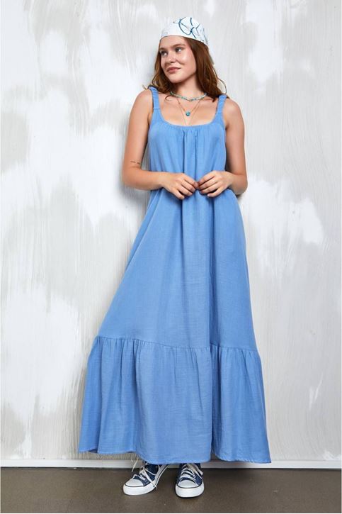 Askısı Lastikli Eteği Volanlı Midi Boy Elbise-Mavi