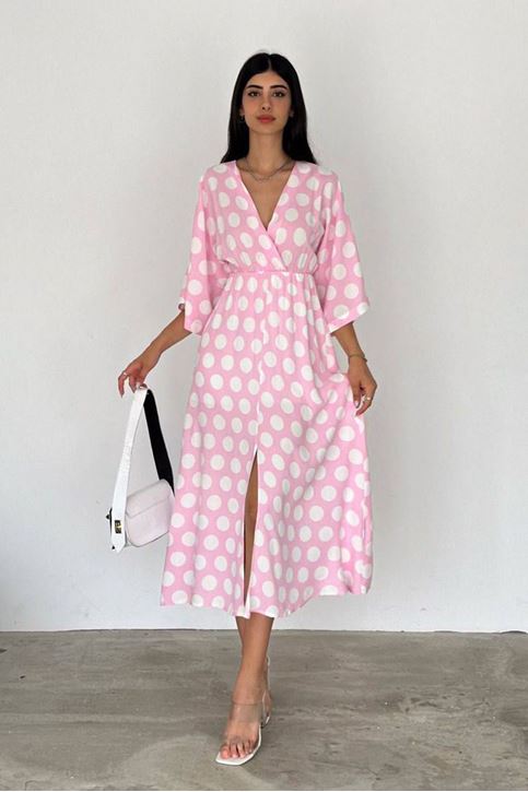 Kruvaze Yaka Puantiye Desenli Midi Boy Elbise-Pembe