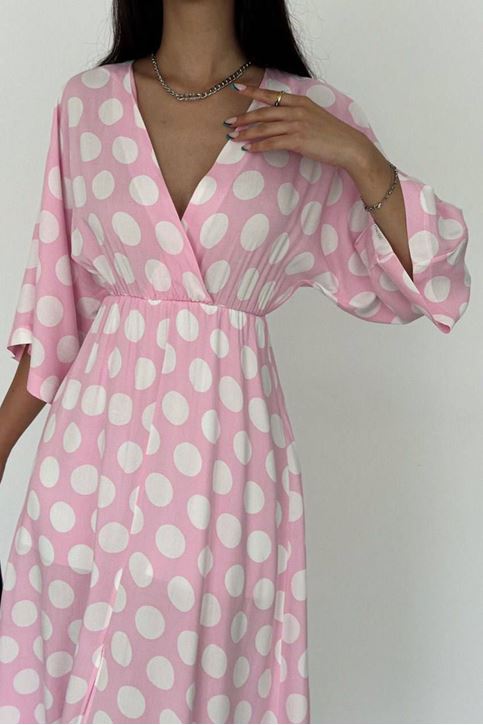 Kruvaze Yaka Puantiye Desenli Midi Boy Elbise-Pembe