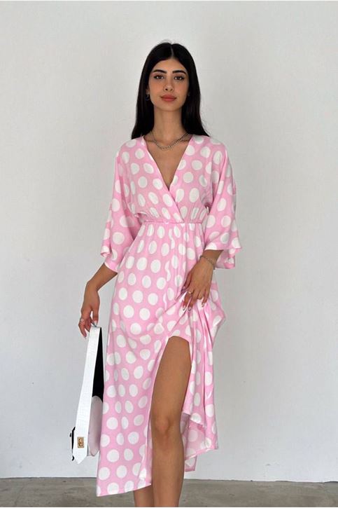 Kruvaze Yaka Puantiye Desenli Midi Boy Elbise-Pembe