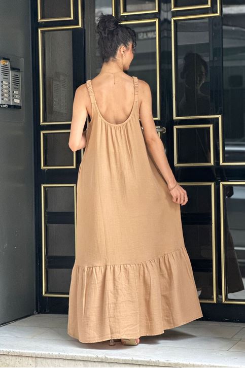 Askısı Lastikli Eteği Volanlı Midi Boy Elbise-Vizon