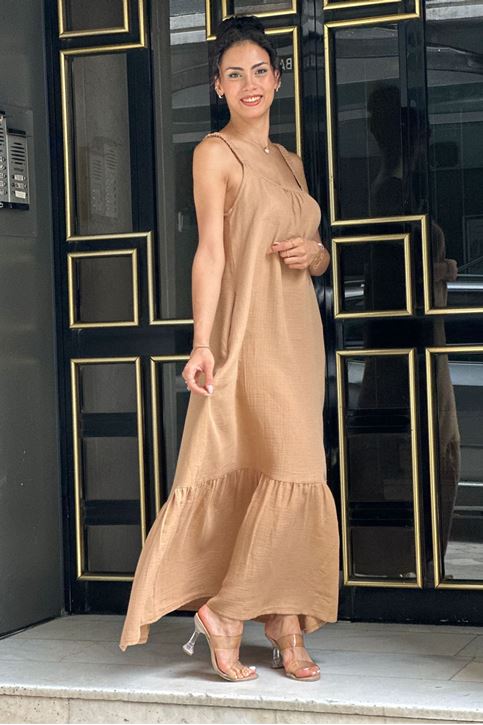 Askısı Lastikli Eteği Volanlı Midi Boy Elbise-Vizon