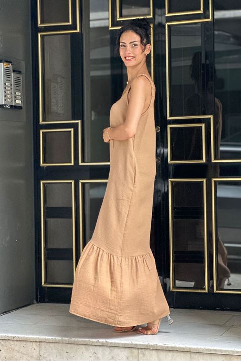 Askısı Lastikli Eteği Volanlı Midi Boy Elbise-Vizon