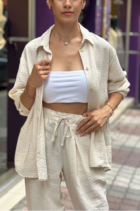 Bel Lastikli Keten Doku Gömlekli Takım-Krem