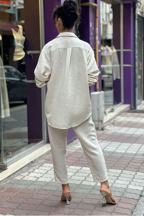 Bel Lastikli Keten Doku Gömlekli Takım-Krem