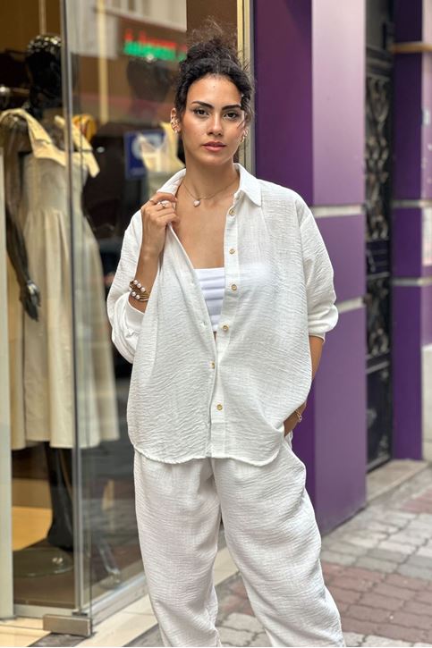 Bel Lastikli Keten Doku Gömlekli Takım-Beyaz