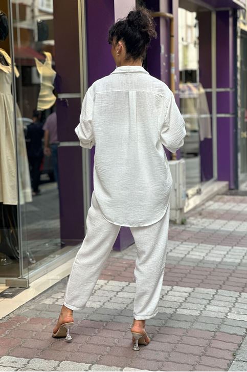 Bel Lastikli Keten Doku Gömlekli Takım-Beyaz