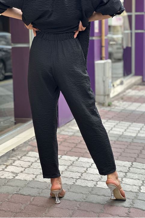 Bel Lastikli Keten Doku Gömlekli Takım-Siyah