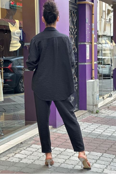 Bel Lastikli Keten Doku Gömlekli Takım-Siyah