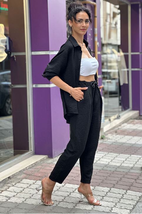 Bel Lastikli Keten Doku Gömlekli Takım-Siyah