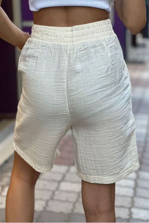 Bel Bağcık Boncuk Detaylı Müslin Doku Şehir Boy Şort-Krem