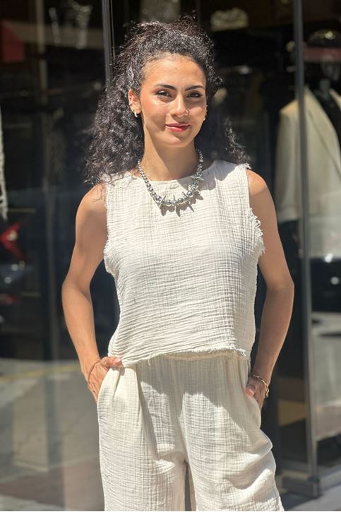 Sıfır Kol Bol Paça Müslin Doku İkili Takım-Krem