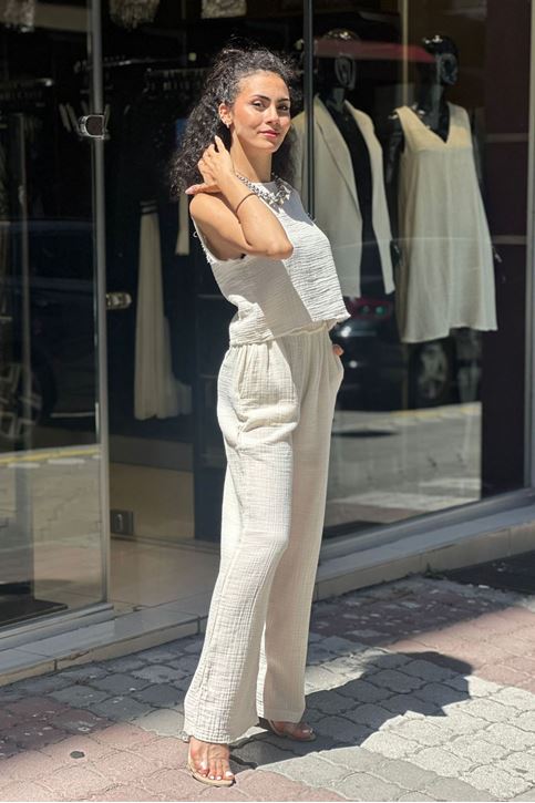 Sıfır Kol Bol Paça Müslin Doku İkili Takım-Krem