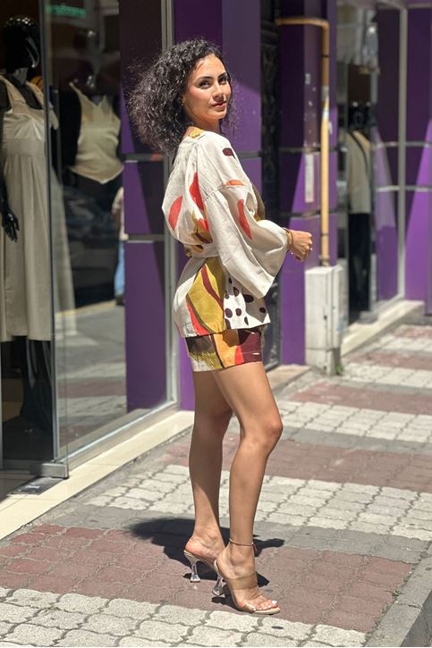 Salaş Desen Kimonolu Şortlu İkili Takım-Kahve Desenli