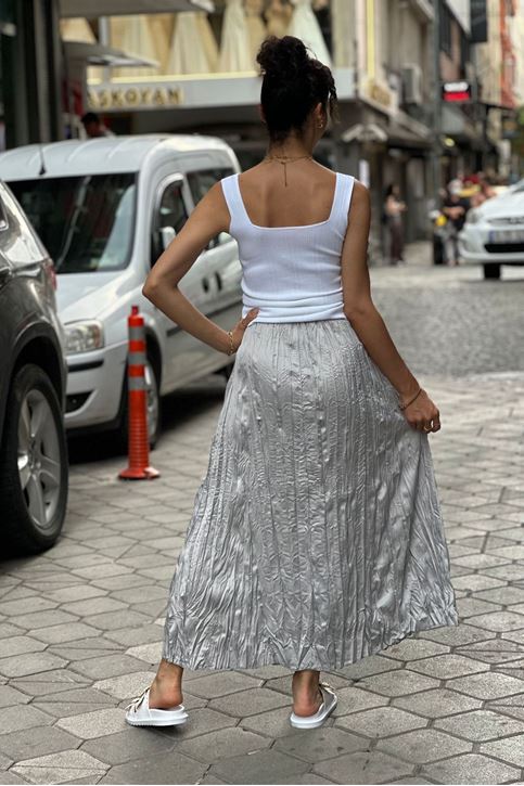 Beli Lastikli Kıraşlı Midi Boy Saten Etek-Gümüş