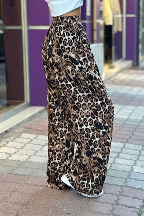 Bol Paça Leopar Desenli Salaş Pantolon-Leopar