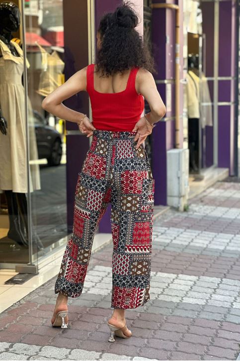 Bel Kalın Korse Lastikli Cepli Şalvar Pantolon-Kırmızı