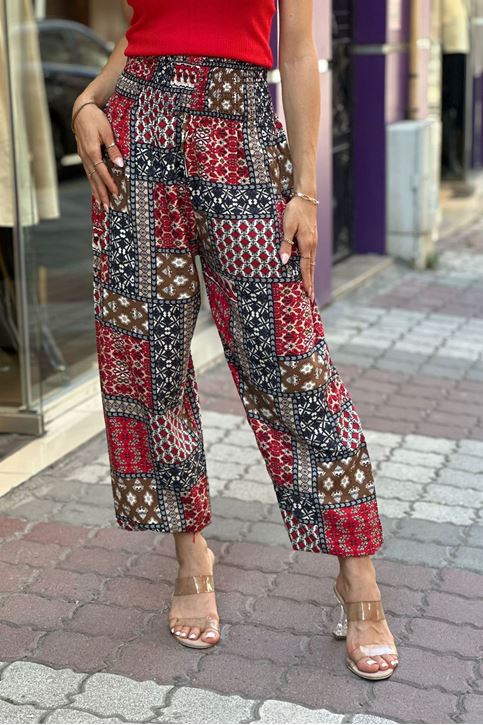 Bel Kalın Korse Lastikli Cepli Şalvar Pantolon-Kırmızı