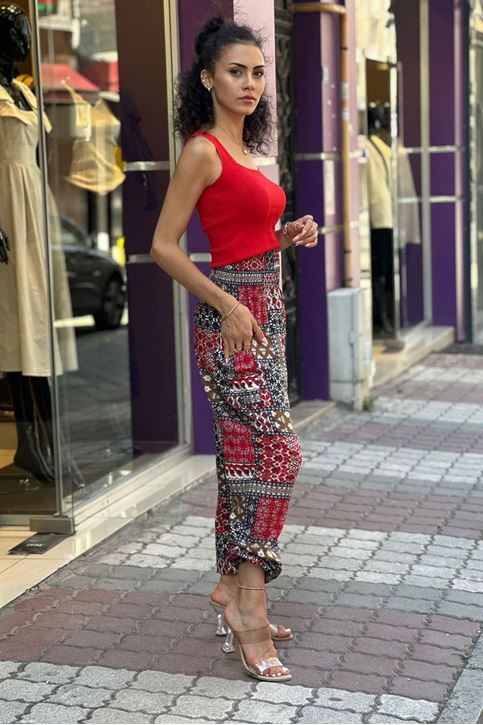 Bel Kalın Korse Lastikli Cepli Şalvar Pantolon-Kırmızı