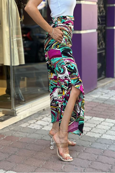 Arka Bel Lastikli Yırtmaçlı Ebru Desen Pantolon-Renkli