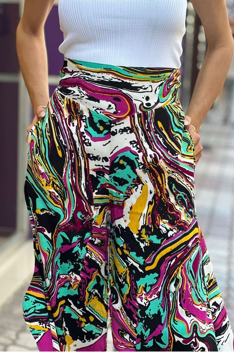 Arka Bel Lastikli Yırtmaçlı Ebru Desen Pantolon-Renkli