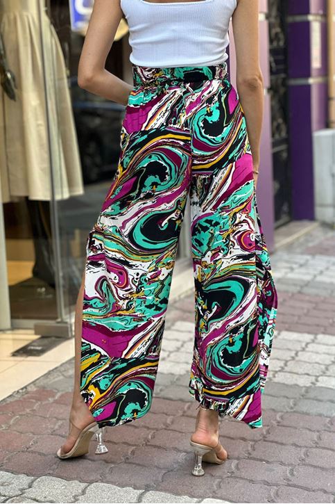 Arka Bel Lastikli Yırtmaçlı Ebru Desen Pantolon-Renkli