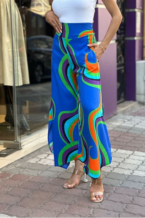 Arka Bel Lastikli Yırtmaçlı Solucan Desen Pantolon-Mavi