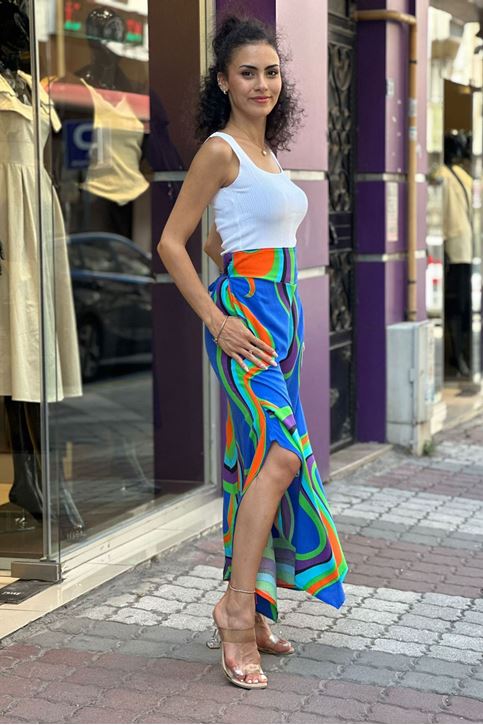 Arka Bel Lastikli Yırtmaçlı Solucan Desen Pantolon-Mavi