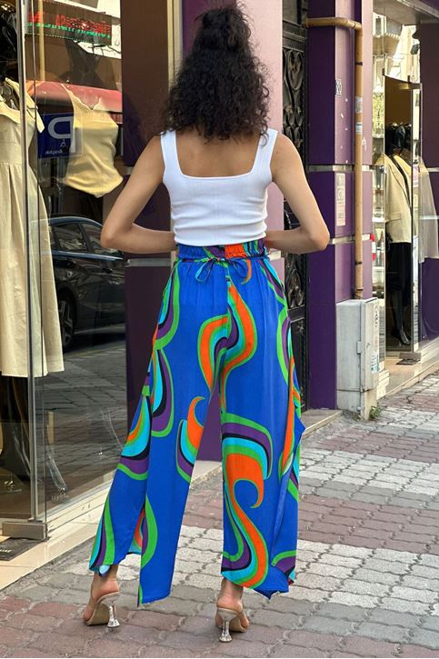 Arka Bel Lastikli Yırtmaçlı Solucan Desen Pantolon-Mavi