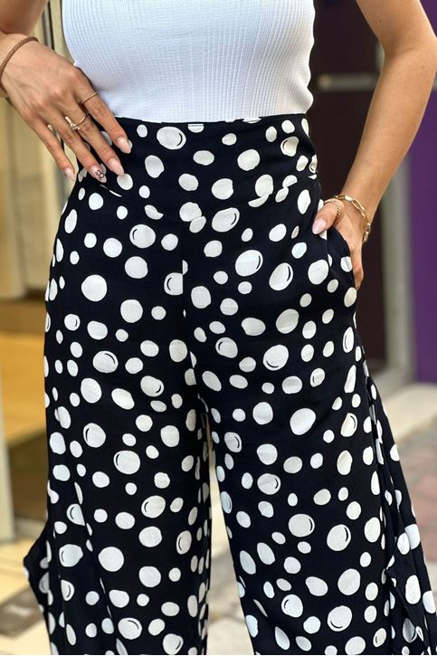 Arka Bel Lastikli Yırtmaçlı Puantiye Desen Pantolon-Siyah Beyaz