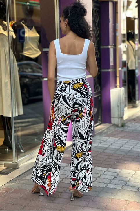 Arka Bel Lastikli Yırtmaçlı Geometrik Desen Pantolon-Renkli Kırmızı