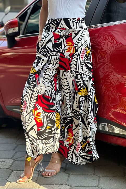 Arka Bel Lastikli Yırtmaçlı Geometrik Desen Pantolon-Renkli Kırmızı