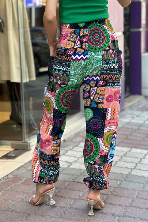 Bel Kalın Korse Lastikli Etnik Desen Şalvar-Yeşil