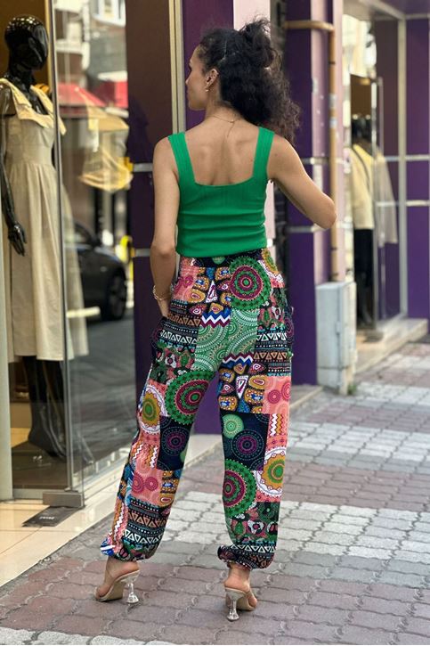 Bel Kalın Korse Lastikli Etnik Desen Şalvar-Yeşil