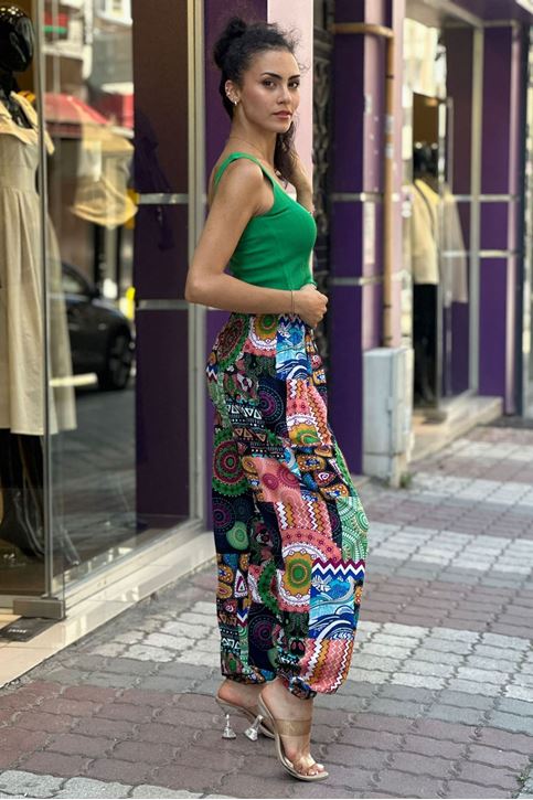 Bel Kalın Korse Lastikli Etnik Desen Şalvar-Yeşil