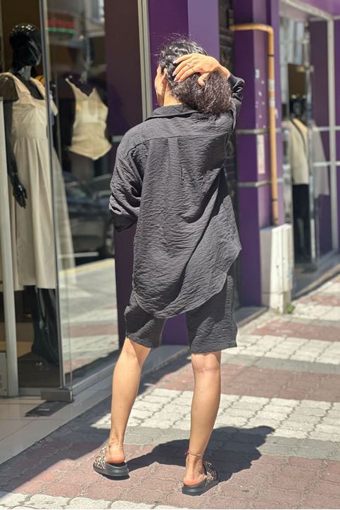 Şehir Boy Şortlu Keten Gömlekli İkili Takım-Siyah