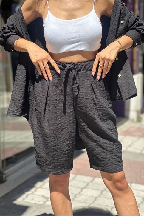 Şehir Boy Şortlu Keten Gömlekli İkili Takım-Siyah