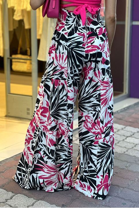 Bel Lastikli Kuşaklı Bol Paça Desenli Keten Pantolon-Pembe