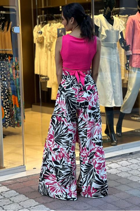 Bel Lastikli Kuşaklı Bol Paça Desenli Keten Pantolon-Pembe