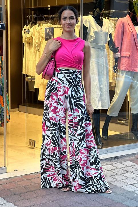 Bel Lastikli Kuşaklı Bol Paça Desenli Keten Pantolon-Pembe