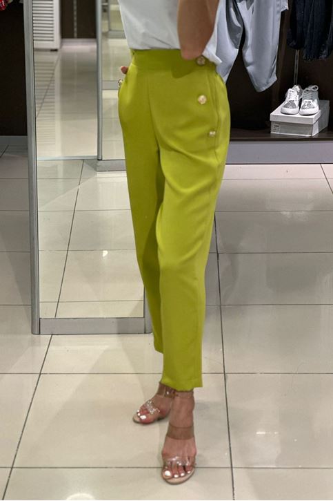 Yan Üç Düğmeli Arkası Lastikli Cepli Kumaş Pantolon-Yağ Yeşili