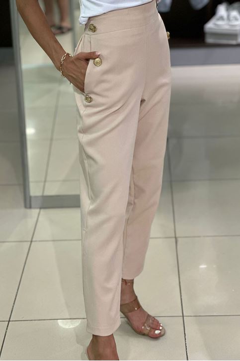 Yan Üç Düğmeli Arkası Lastikli Cepli Kumaş Pantolon-Krem