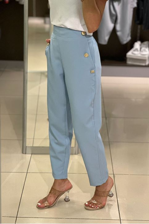 Yan Üç Düğmeli Arkası Lastikli Cepli Kumaş Pantolon-Açık Mavi