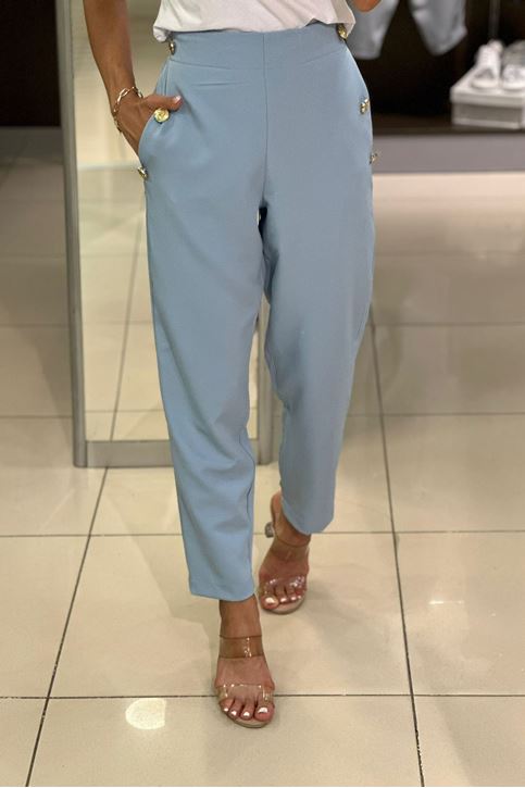 Yan Üç Düğmeli Arkası Lastikli Cepli Kumaş Pantolon-Açık Mavi